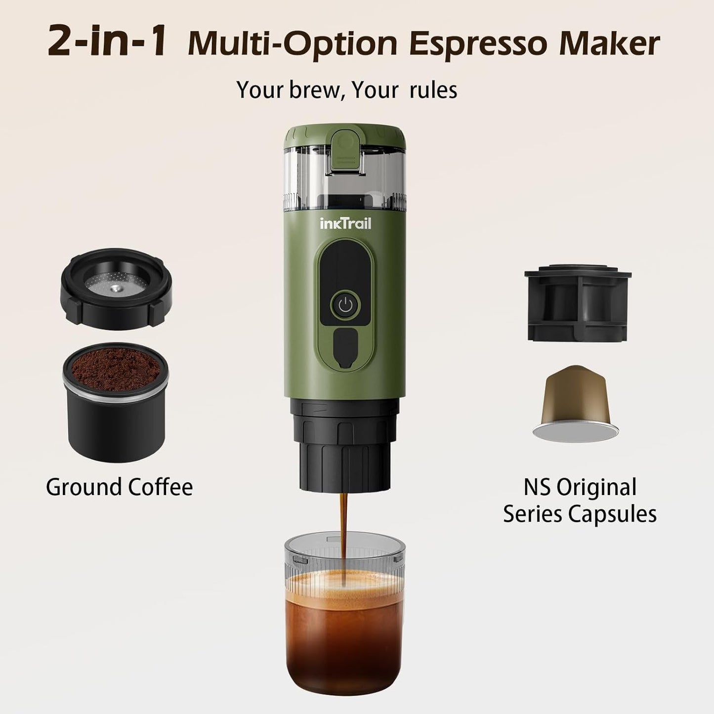 InkTrail Portable Electric Espresso Machine,Travel Coffee Maker for Camping, Self-Heating with Rechargeable Battery, Compatible with Ground Coffee & NS Original Capsule for Car, RV, Hiking, Office