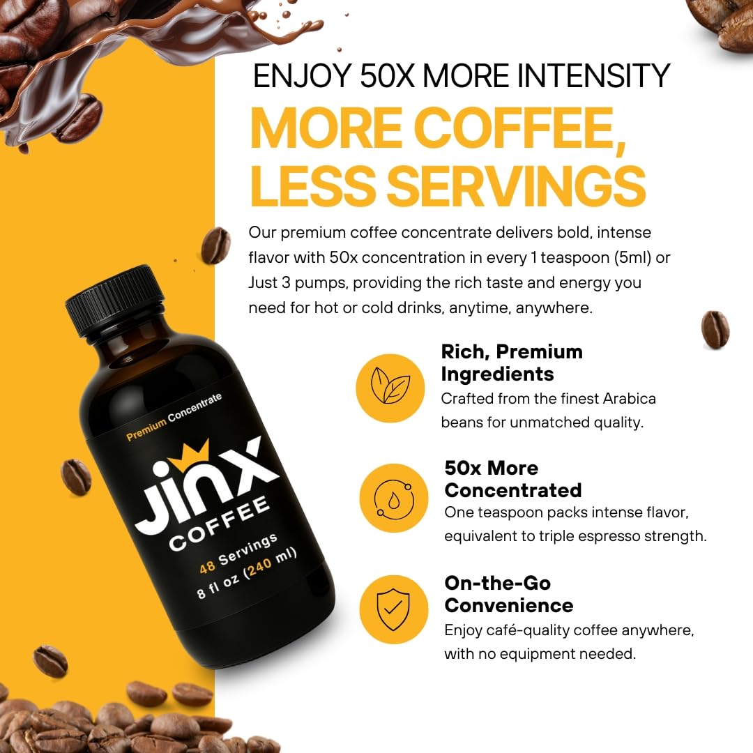 Jinx Coffee Concentrate – 50x Stronger Cold Brew Coffee | Strong Caffeine Concentrated Liquid, Perfect for Instant Hot or Iced Coffees, Cold Brew Concentrate, Hot Drinks, and Instant Espresso | 48 Servings of Premium Concentrated Coffee