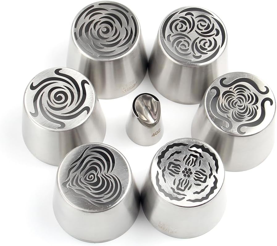 6 Pieces Stainless Steel Extra Large Russian Tulip Icing Tips Kit, Cupcake Dessert Marshmallow Piping Nozzles Set,1 Cleaning Brush,1 Medium Ruffle Icing Tip for Cake Decorations,Pastry Baking Tools