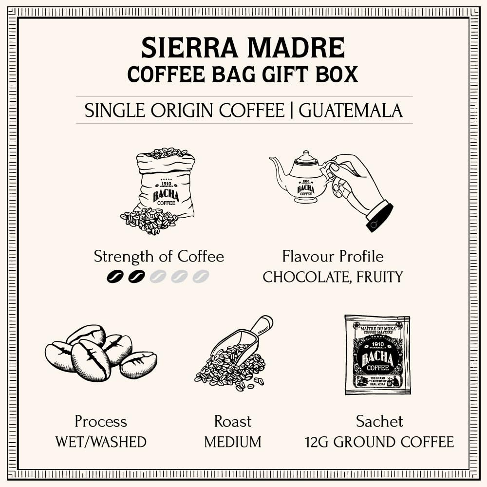 Bacha Coffee | Sierra Madre Guatemala Single Origin, Medium Roast, 100% Arabica Specialty Coffee, 12 Coffee Drip Bags, Gift Box