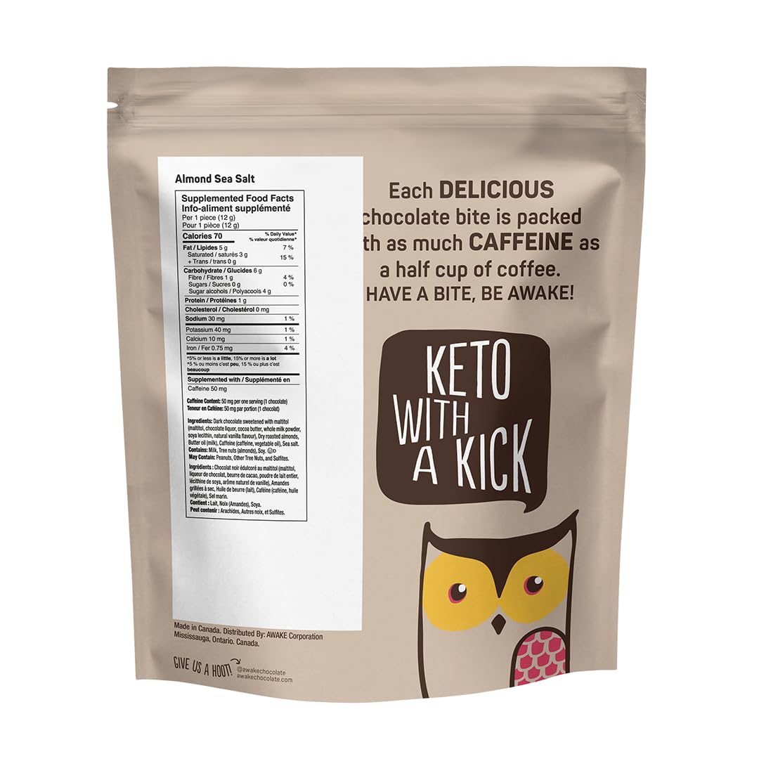 AWAKE - Caffeinated Chocolate Bites - 50mg of Caffeine - Bite-Size Energy Bars - Low-Calorie Snacks - Keto - Gluten-Free - Non-GMO - Coffee Alternative - Almond Sea Salt Dark Chocolate - 50 Bites