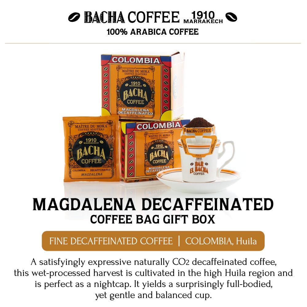 Bacha Coffee | Magdalena Decaf Colombia Single Origin, Medium Dark Roast, 100% Arabica Specialty Coffee, 12 Coffee Drip Bags, Gift Box