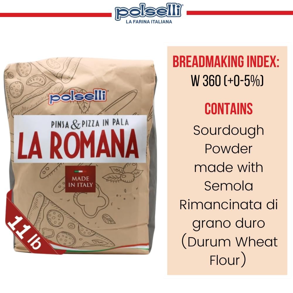 Polselli La Romana Pinsa & Pizza in Pala Flour ,11 lb – Type 0 High-Protein Wheat & Rice Flour Blend – Ideal for Roman-Style Pizza and Flatbread Light & Airy Crust, Crunchy Texture, Perfect for Sourdough & Artisan Baking
