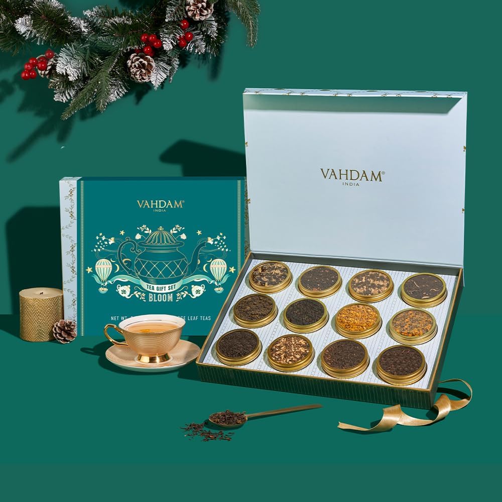 VAHDAM, Bloom - Assorted Christmas Tea Gift Sets (12 Loose Leaf Tea) Tin Caddy Presentation Box | Gluten Free, Non GMO | Holiday Gifts for Everyone