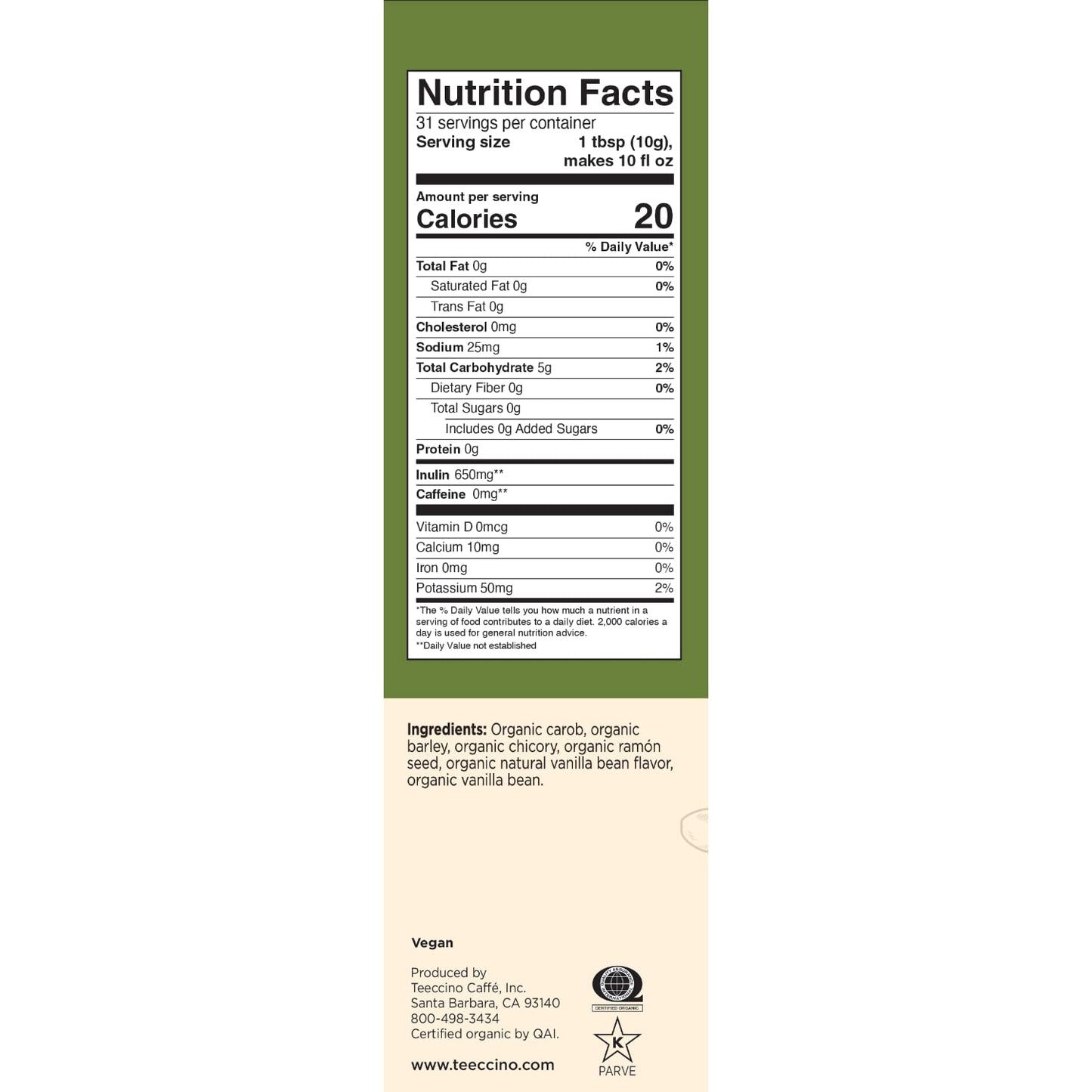 Teeccino Chicory Coffee Alternative – French Vanilla – Ground Herbal Coffee That’s Prebiotic, Caffeine-Free & Acid Free, Dark Roast, 11 Ounce