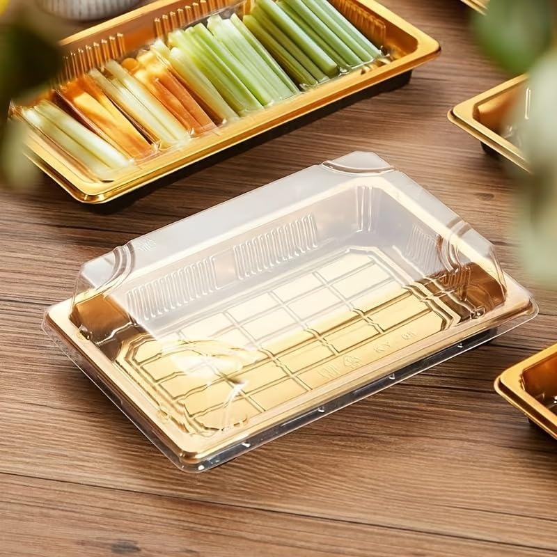 10 Pack Gold Rectangular Sushi Containers with Clear Lids – Disposable Plastic Food Boxes for Party, Takeout & Catering – Elegant, Stackable Trays for Sushi, Snacks & Desserts(Model No.1101)