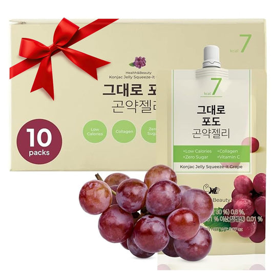 Korean Food Low Calories Squeeze Konjac Jelly Grape Flavor, Fish Collagen, Vitamin, Zero Sugar, Chewier Texture, Health&Beauty (Net WT 5.07 oz, Pack of 10) 곤약젤리