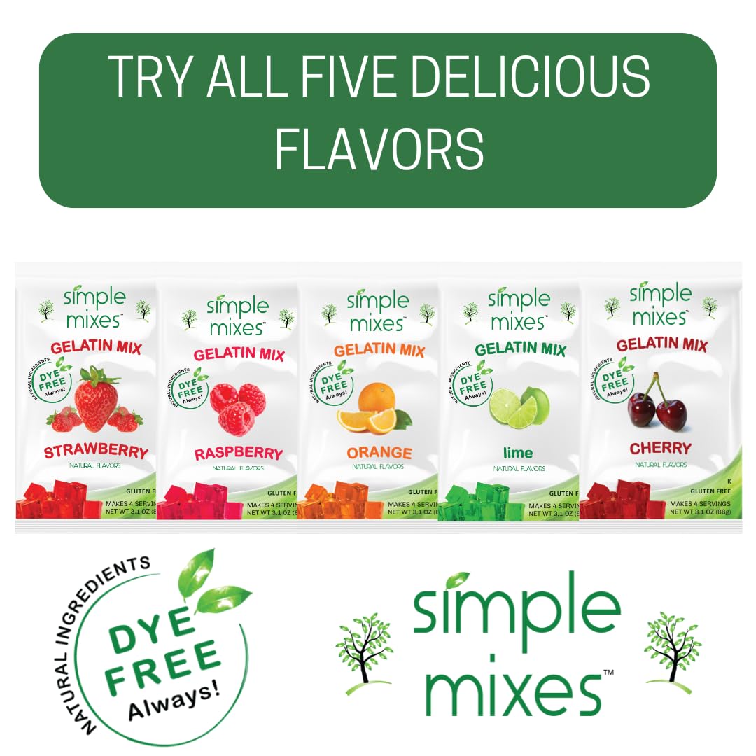 Simple Mixes Natural Gelatin Dessert, Raspberry, Healthy Snack, Dye-Free, No Gluten or Fat, Kosher, 3 Pack