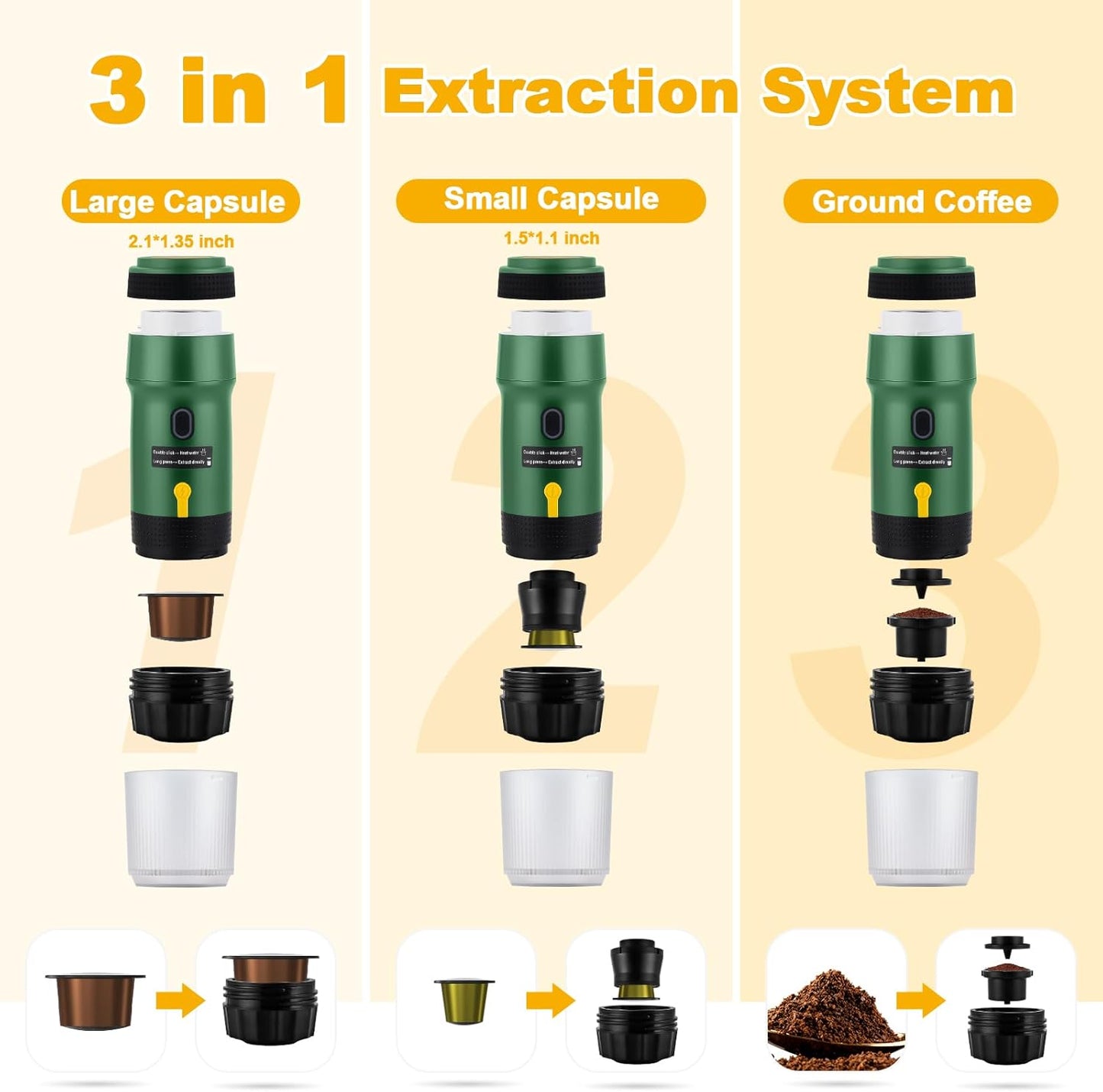 3 In 1 Portable Coffee Maker for Travel, 20 Bar Portable Espresso Machine with USB,Travel Coffee Maker Self-Heating, Compatible with Ground Coffee & Capsule for Hiking,Office,RV（Upgrade）