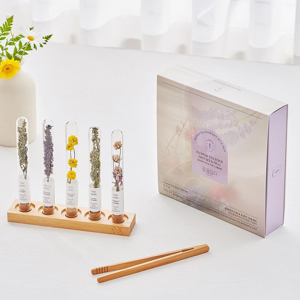 KKOKDAM Fancy Korean Tea Gift Set – Premium Flower Tea Stick Variety Pack with Tray - 5 Loose Leaf Blooming Flower Teas