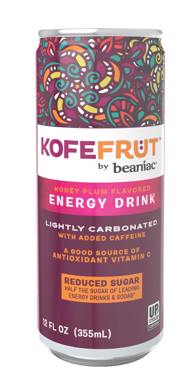 KOFEFRUT by beaniac Caffeinated Energy Drink, Honey Plum, Lightly Carbonated, Reduced Sugar, 80mg Caffeine, Polyphenols, Antioxidants, Vitamin C, 12 Fl Oz Can (Pack of 4)