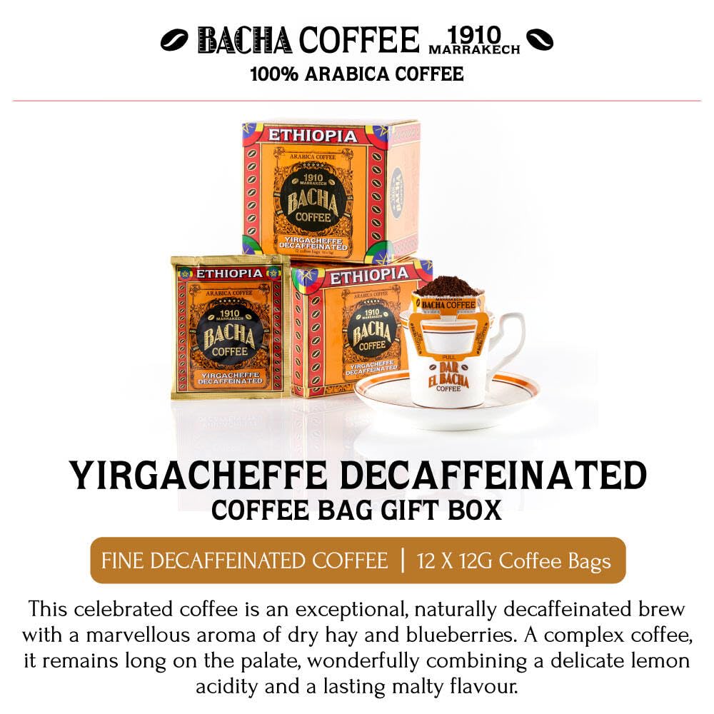 Bacha Coffee | Yirgacheffe Decaf Ethiopia Single Origin, Medium Dark Roast, 100% Arabica Specialty Coffee, 12 Coffee Drip Bags, Gift Box