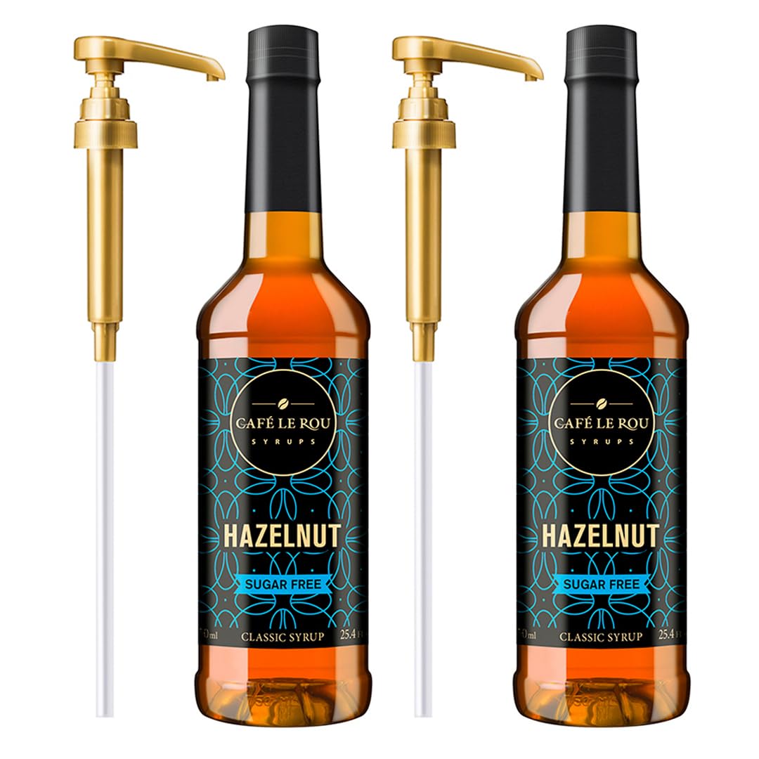 "NEW" Café Le Rou Coffee Syrup Sugar Free Hazelnut, 25.4oz (Pack of 2)*Includes 2 Syrup Pumps* Cafe Coffee Flavoring Syrup for Coffee, Tea, and Espresso