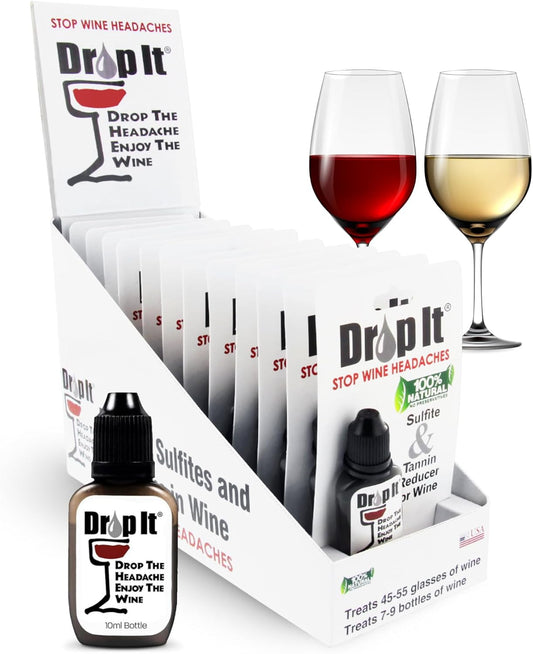 Drop It Wine Drops, Original - 10 mL, 12 Pack - Naturally Reduces Sulfites & Tannins in Red, White & Sparkling Wines - Portable, Easy to Use - Treats Up to 55 Glasses/9 Bottles of Wine Each - USA Made