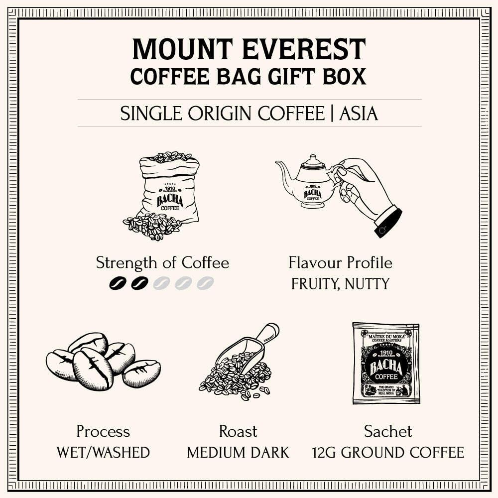 Bacha Coffee | Mount Everest Nepal Single Origin Arabica, 100% Arabica Specialty Coffee, 12 Coffee Drip Bags, Gift Box
