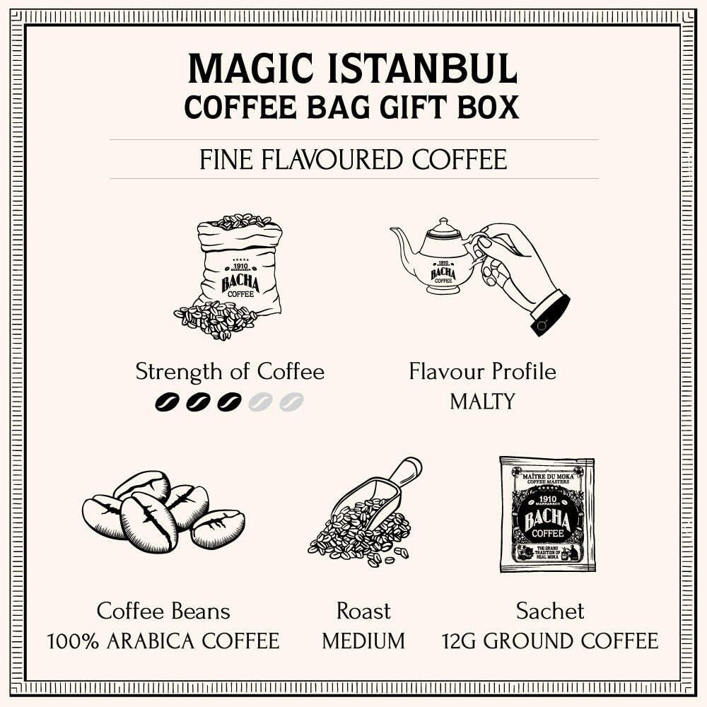 Bacha Coffee | Magic Istanbul Fi Flavoured, 100% Arabica Specialty Coffee, 12 Coffee Drip Bags, Gift Box