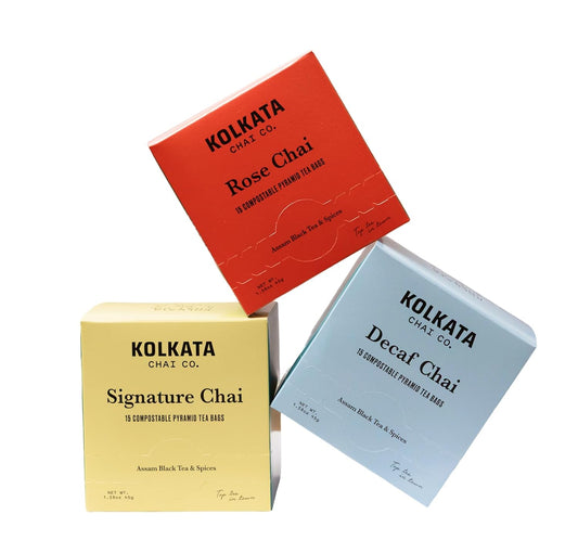 Kolkata Chai - Signature, Rose and Decaf Chai Tea Bag Variety Pack, 45 Count, Premium Assam Black Tea and Spices, Compostable Tea Bags, Vegan, All Natural