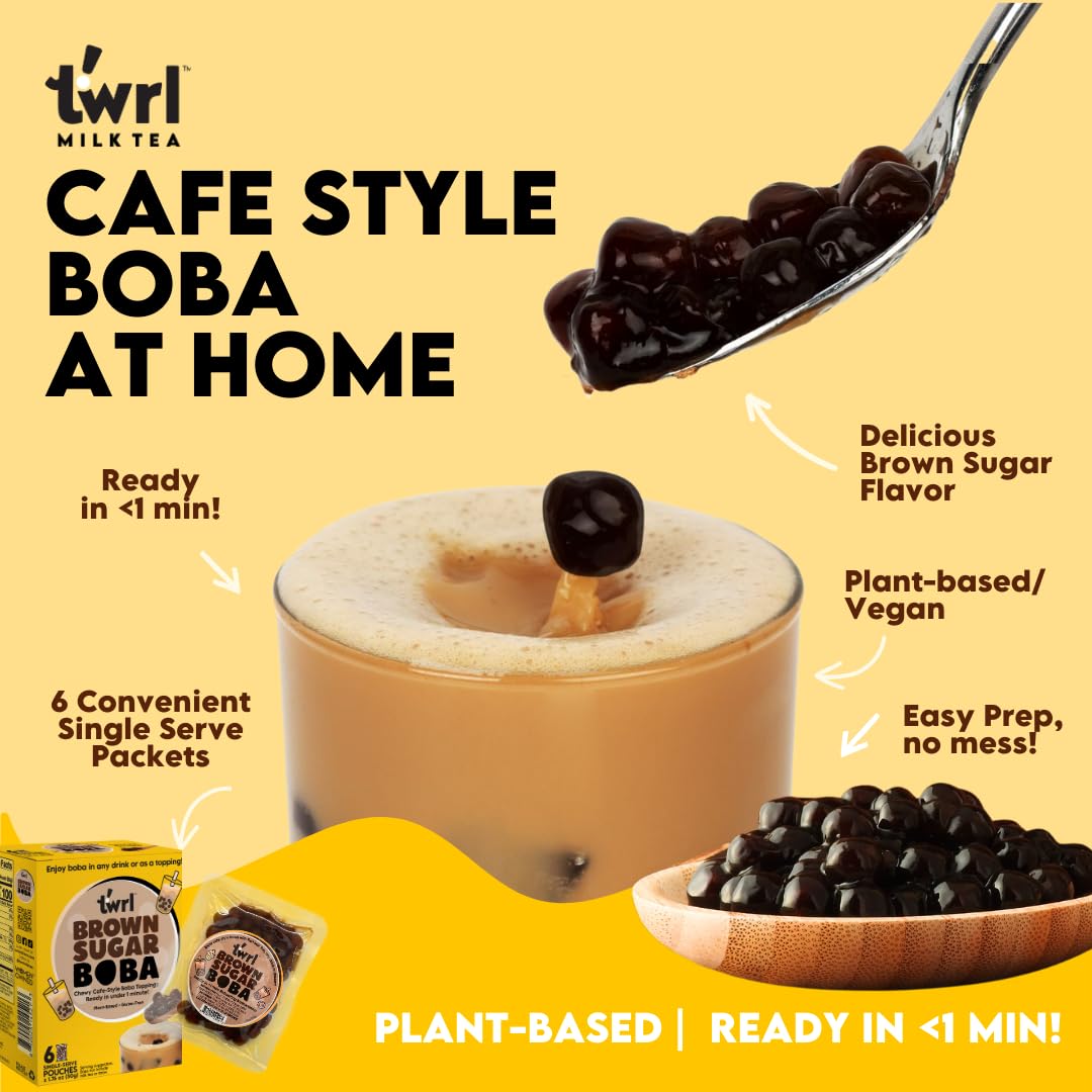 Twrl Brown Sugar Boba Bubble Tea Toppings - Taiwanese Boba Pearls, Cafe-Style Tapioca Milk Tea Topping, Instant - Perfect for Milk Tea and Coffee, Gluten-Free, Plant-Based - Pack of 6 Single Servings