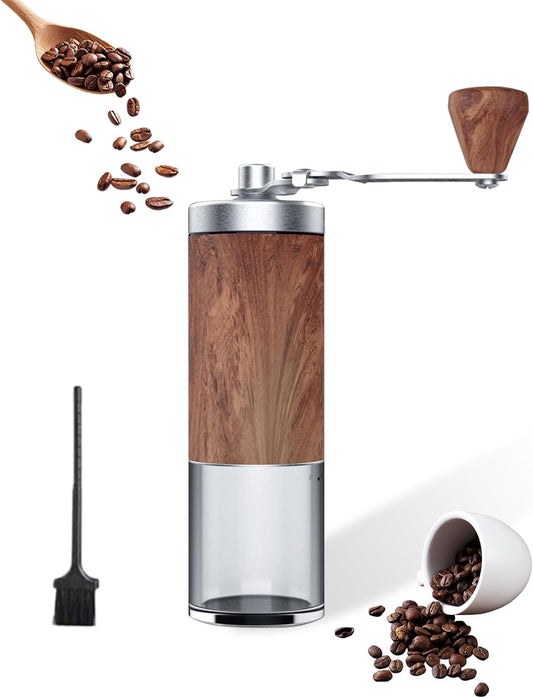 Manual Coffee Grinder with Wood Grain Finish - Compact 5 Preset Conical Burr, 30g Capacity for All Brewing Methods & Travel