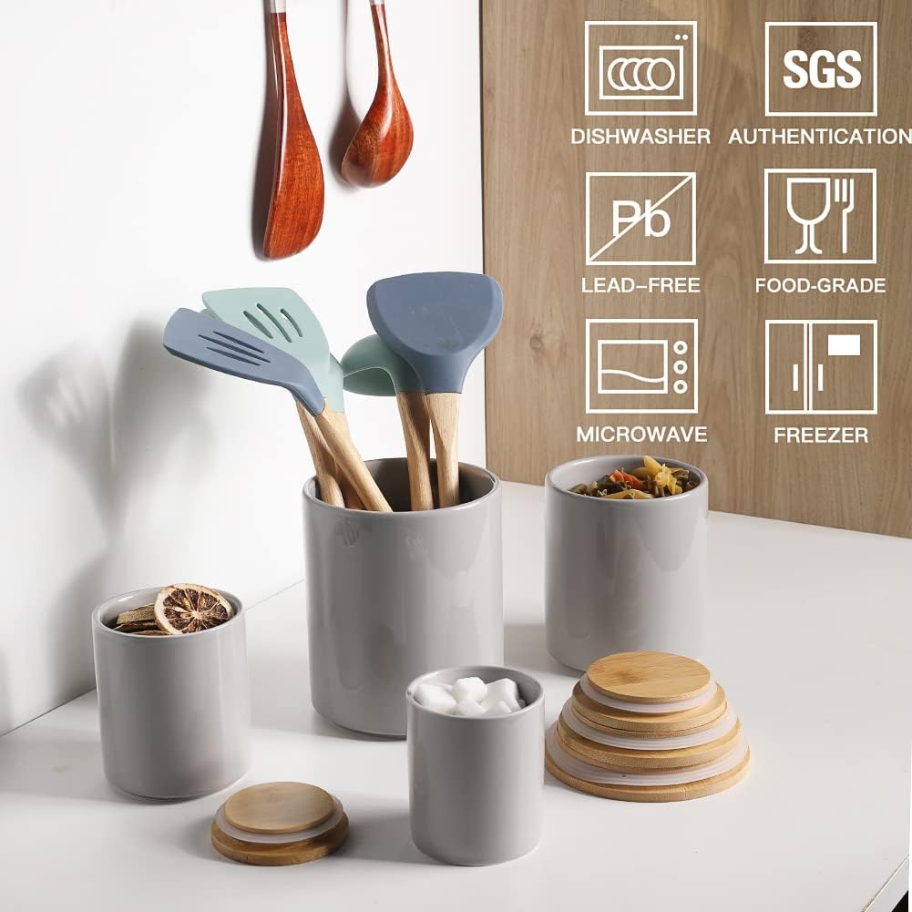 Sweejar Kitchen Canisters Ceramic Food Storage Jar Set, Stackable Containers with Airtight Seal Wooden Lid for Serving Ground Coffee, Tea, Herbs, Grains, Sugar, Salt - Set of 4 (Gray)