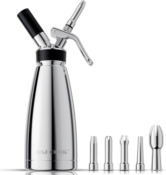 Whipped Cream Dispenser Stainless Steel Keep Warm and Cold,500mL/1 Pint Double Wall Thermos Whipped Cream Maker,5 Various Stainless Decorating Nozzles,1 Cleaning Brush,N2O Chargers NOT Included