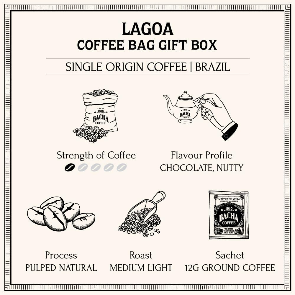 Bacha Coffee | Lagoa Brazil Single Origin, Medium Light Roast, 100% Arabica Specialty Coffee, 12 Coffee Drip Bags, Gift Box