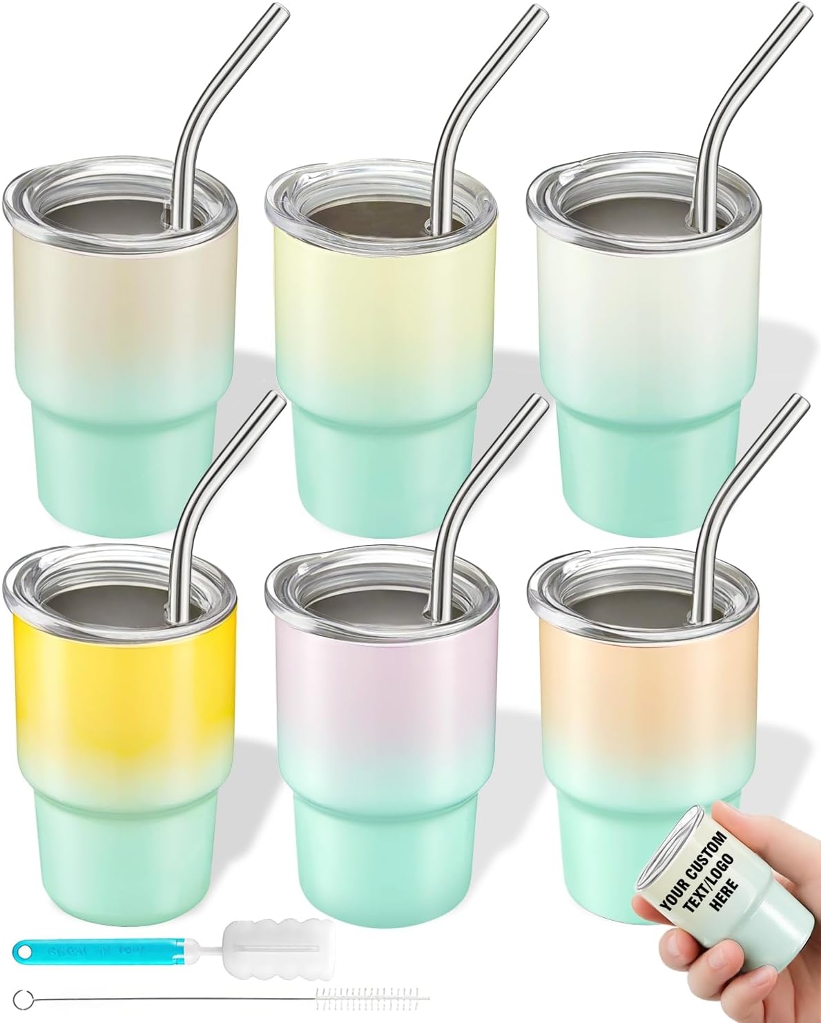 6 Pack 3 oz Sublimation Mini Tumbler Shot Glass with Straw and Lid, Gradient Color Insulated Stainless Steel Mini Tumblers Cups for Beach Birthday Wedding Parties, DIY Customizable Party Gift