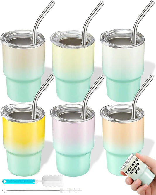 6 Pack 3 oz Sublimation Mini Tumbler Shot Glass with Straw and Lid, Gradient Color Insulated Stainless Steel Mini Tumblers Cups for Beach Birthday Wedding Parties, DIY Customizable Party Gift
