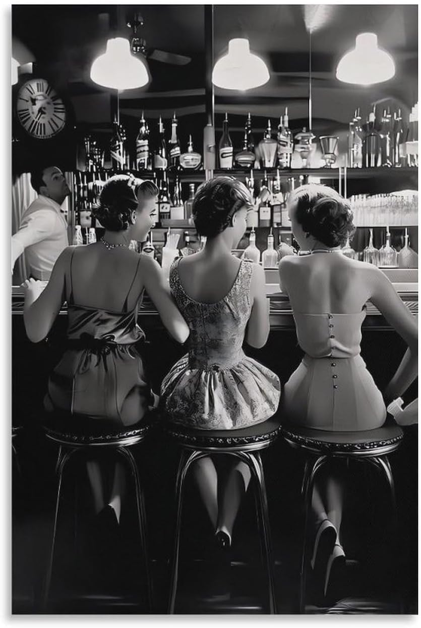 Vintage Black And White Posters Trendy Women Drink Cocktail Wall Art Funky Girly Room Decor Retro Alcohol Canvas Prints Posters Three Friends Pictures 24x36inch(60x90cm)