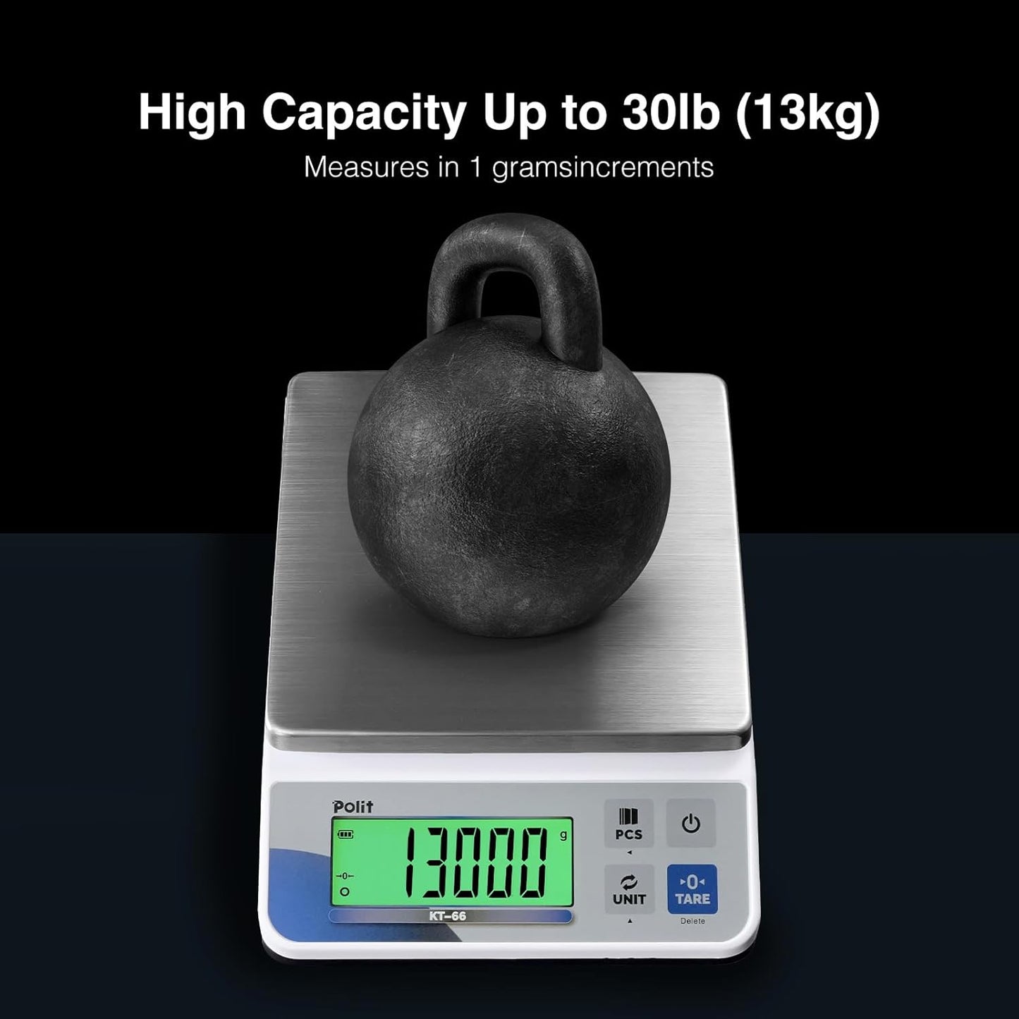 Polit Digital Kitchen Scale KT-66 30lb/13kg｜0.05oz/1g Precision Food Scale with LCD Display｜Battery or Plug-in｜Stainless Steel Top｜Grams, Ounces, Pounds｜5 Units for Baking, Farming & Shipping Scale