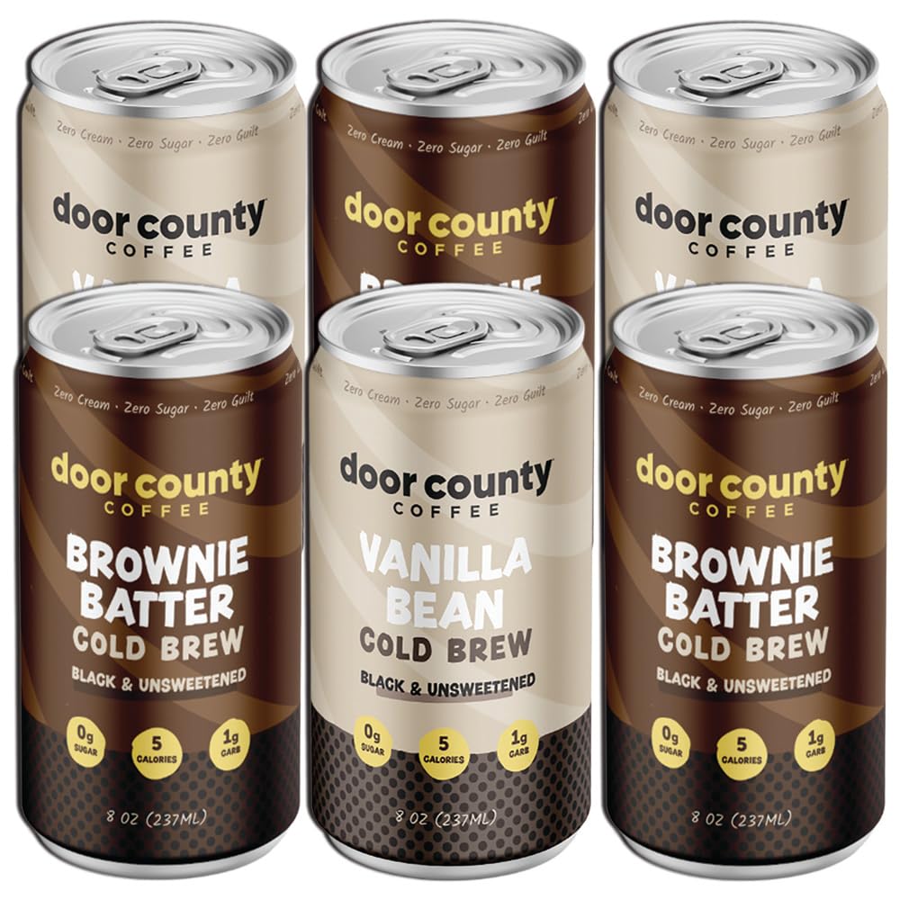 Door County Coffee Ready to Drink Canned Cold Brew Variety Pack - 8oz - 6 Pack - Cold Pressed Coffee, 5 Calories, Bold & Rich, Flavorful, 145mg Natural Caffeine