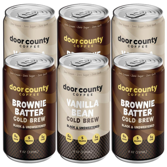 Door County Coffee Ready to Drink Canned Cold Brew Variety Pack - 8oz - 6 Pack - Cold Pressed Coffee, 5 Calories, Bold & Rich, Flavorful, 145mg Natural Caffeine