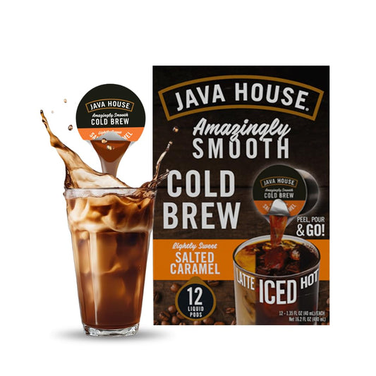 Java House Single-Serve Cold Brew Coffee Pods – Lightly Sweetened Salted Caramel – 100% Arabica – 12 Pods – Shelf Stable, Ready Hot or Iced, Travel-Friendly, TSA Approved
