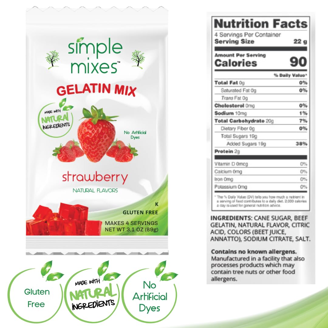 Simple Mixes Natural Gelatin Variety Pack, 3 Each: Strawberry & Cherry, Healthy Snack, Dye-Free, No Gluten or Fat, Kosher, 6 Pack