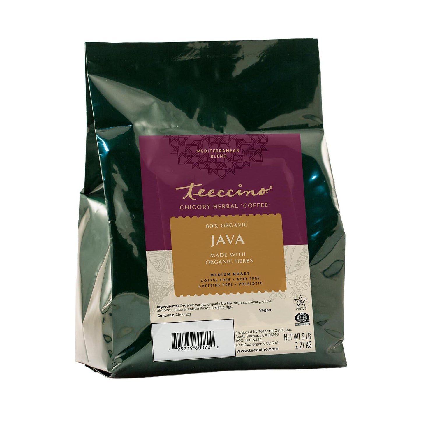 Teeccino Java Chicory Coffee Alternative, 5 Lb Bag - Ground Herbal Coffee That’s Prebiotic, Caffeine Free & Acid Free, Medium Roast