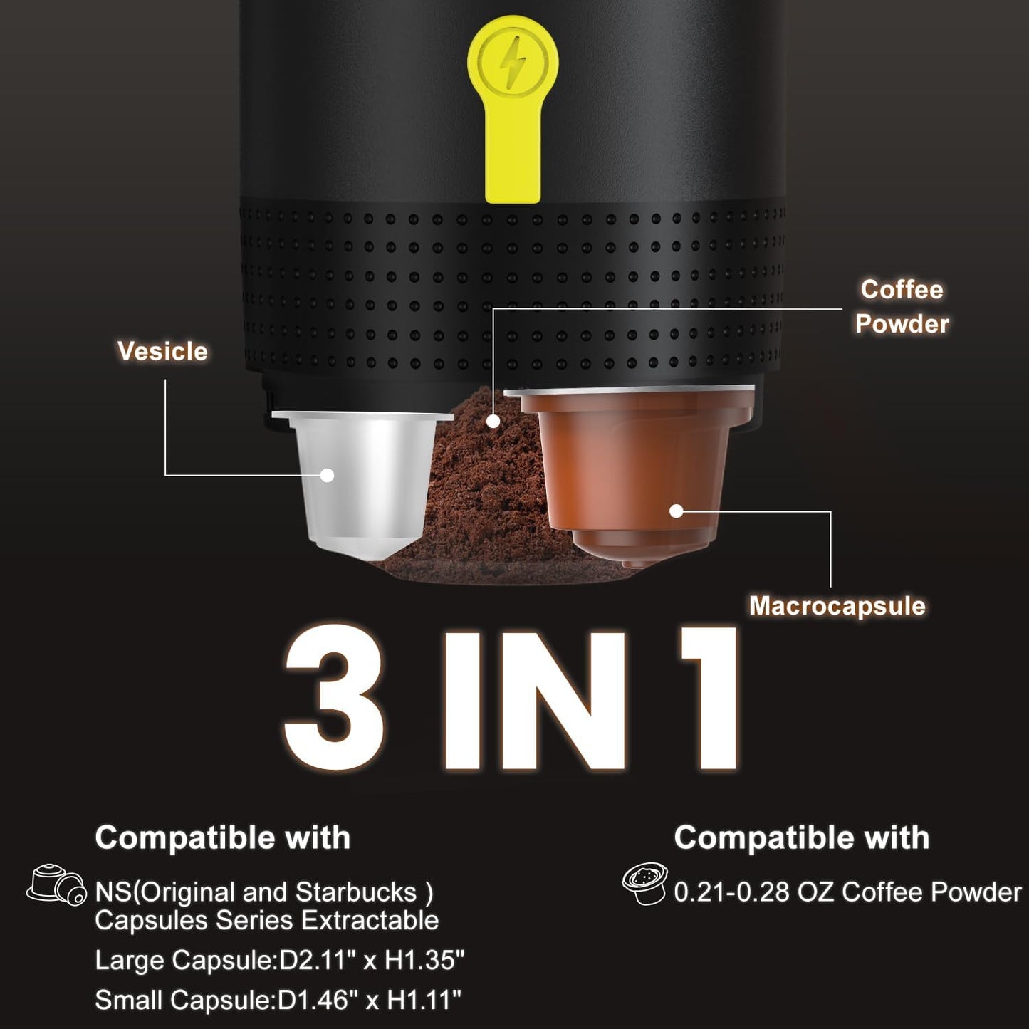 Portable Espresso Machine,3-in-1Portable Coffee Maker,20 Bar Mini Espresso Machine,Self-Heating Travel Espresso Maker Compatible with NS, DG Pods & Ground Coffee, for Camping Hiking,Office,RV