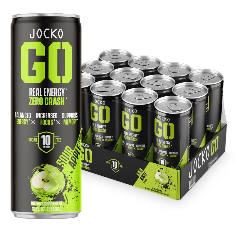 Jocko GO Energy Drink - Keto, Vitamin B12, Vitamin B6, Electrolytes, L Theanine, Magnesium- Energy Boost, Sugar Free Nootropic Monk Fruit Blend - 12 Pack (Sour Apple)