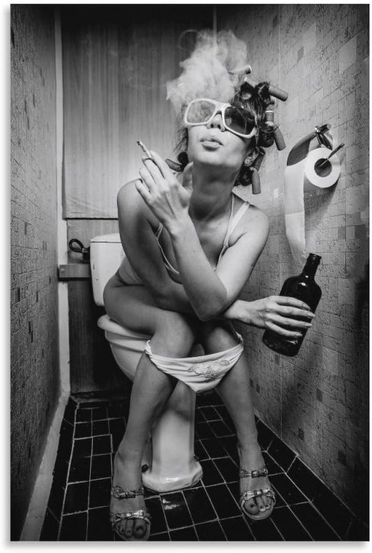 Girl on Toilet Drinking And Smoking Poster Wall Art Photo Print, Canvas Painting Posters And Wall Art Pictures Are Used For Room Aesthetics And Decoration 12x18inch(30x45cm)