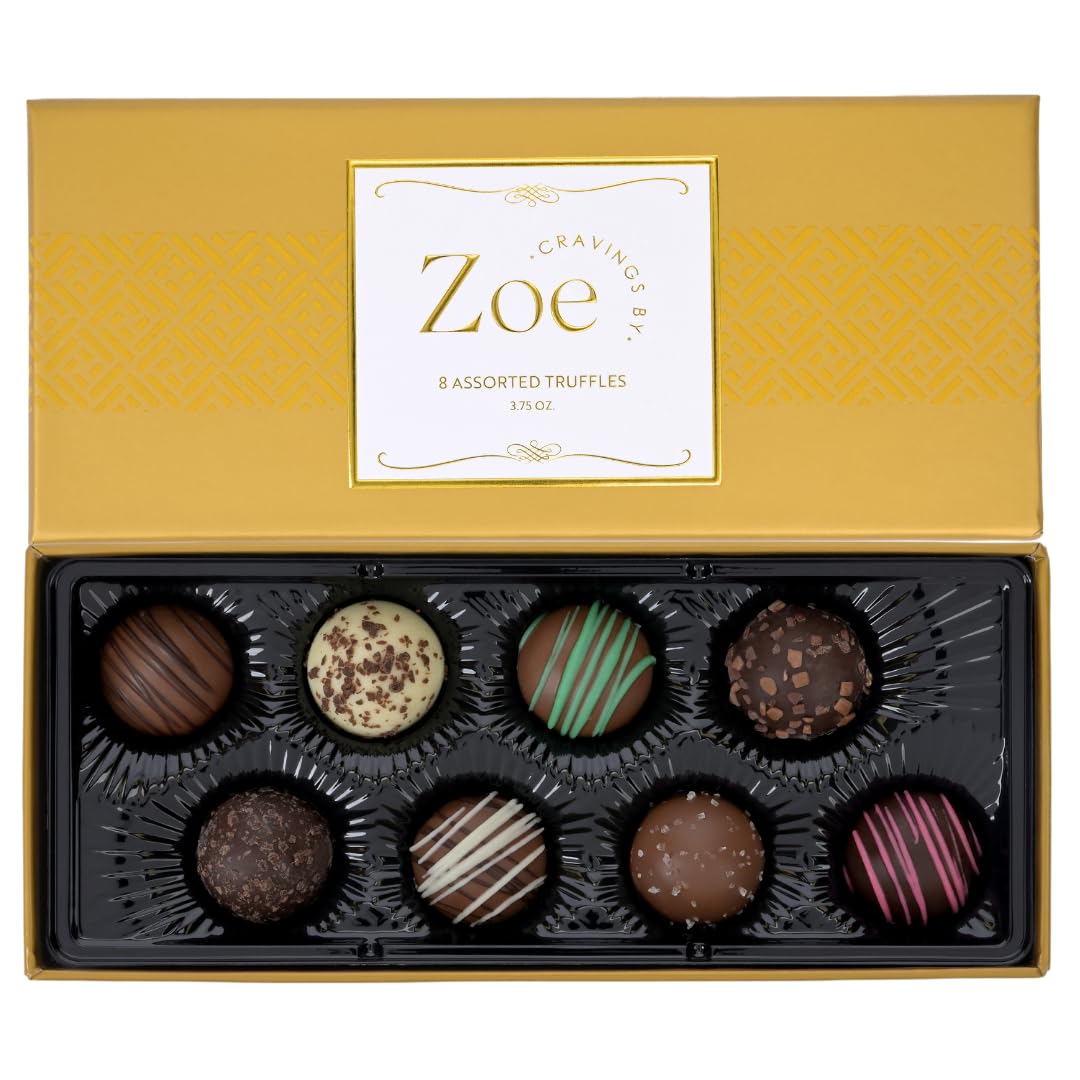 CRAVINGS BY ZOE Gourmet Chocolate Truffle Gift Box | 8 Count | Assorted Gourmet Milk & Dark Chocolate Candy Food Gift Basket Anniversary, Birthday, Get Well, Holiday, Thank You Men Women Mom Her