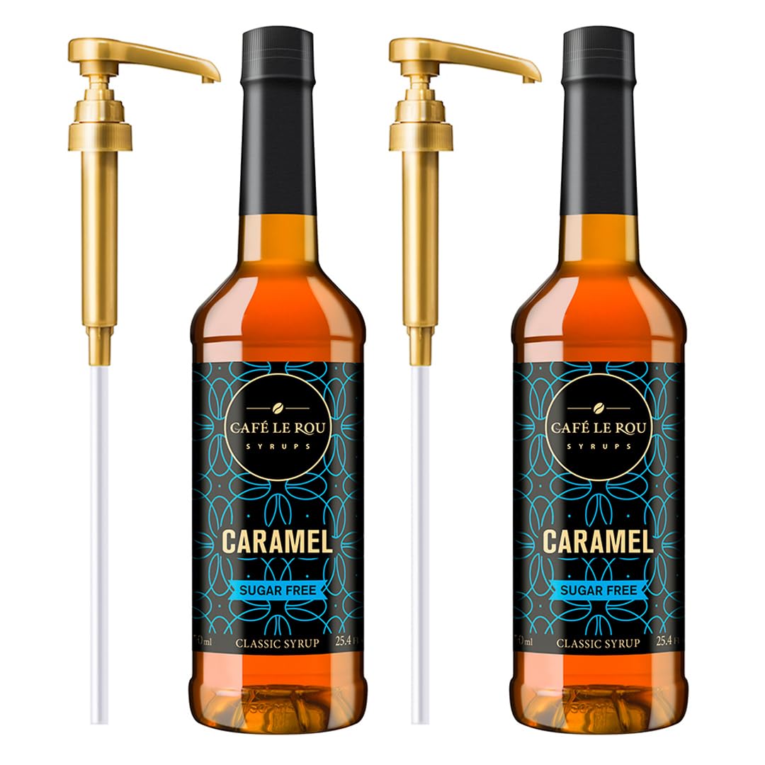 "NEW" Café Le Rou Coffee Syrup Sugar Free Caramel, 25.4oz (Pack of 2)*Includes 2 Coffee Syrup Pumps*Cafe Coffee Flavoring Syrup for Coffee, Tea, and Espresso