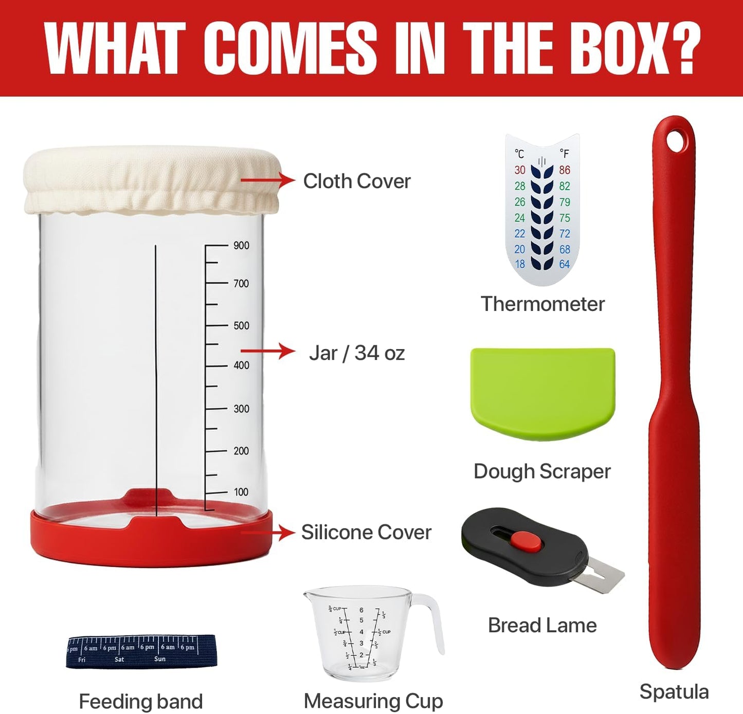 Sourdough Starter Kit, 34 Oz Sourdough Jar with Measuring Cup, Thermometer, Spatula, Dough Scraper, Bread Lame, Silicone Base & Cloth Cover, Feeding Band, Bread Baking Supplies for Bakers (34 Oz)