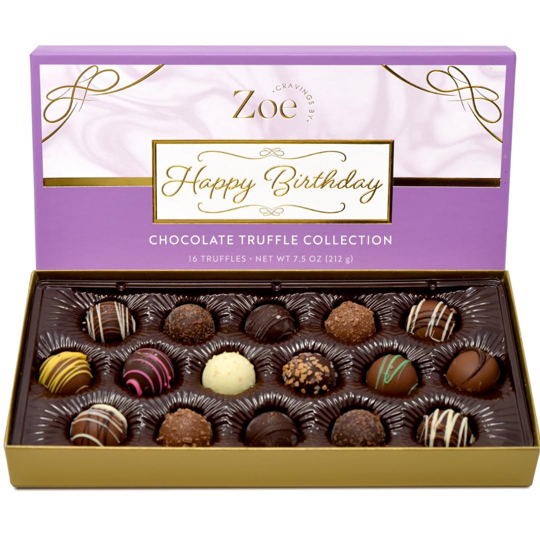 CRAVINGS BY ZOE Happy Birthday Chocolate Truffles Gift Box | 16 Count | Assorted Gourmet Milk & Dark Chocolate Candy Food Gift Basket | Birthday Gifts for Women & Men Mom Dad Kid Him Her Adult Family