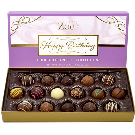 CRAVINGS BY ZOE Happy Birthday Chocolate Truffles Gift Box | 16 Count | Assorted Gourmet Milk & Dark Chocolate Candy Food Gift Basket | Birthday Gifts for Women & Men Mom Dad Kid Him Her Adult Family