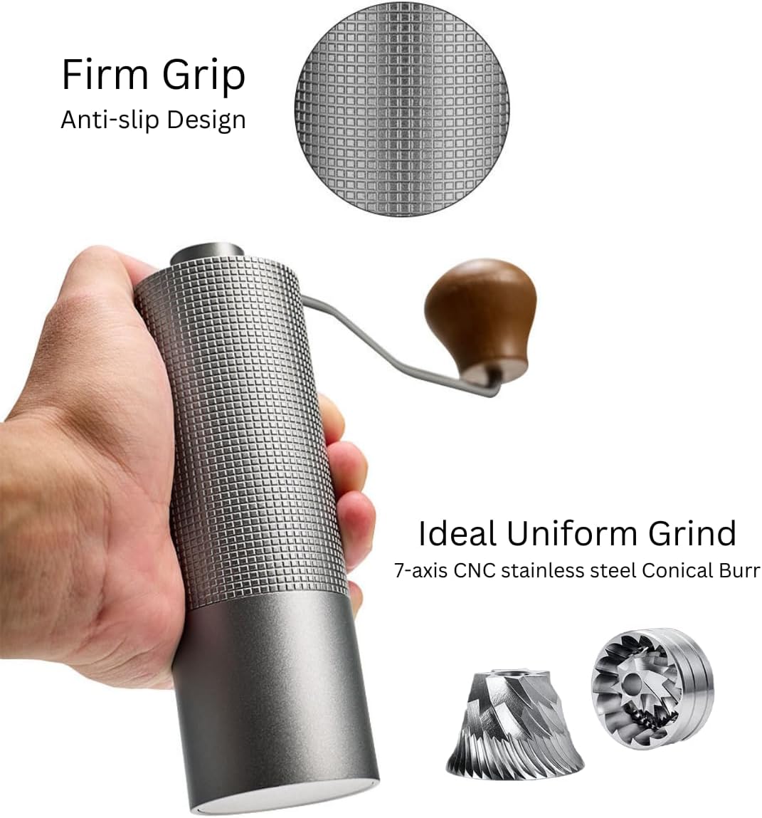 Manual Coffee Grinder, 7 Axis Stainless Steel Conical Burr coffee grinder, Coffee grinders for home use, Coffee hand grinder Aluminum Alloy Body, Coffee bean grinder Adjustable coarseness