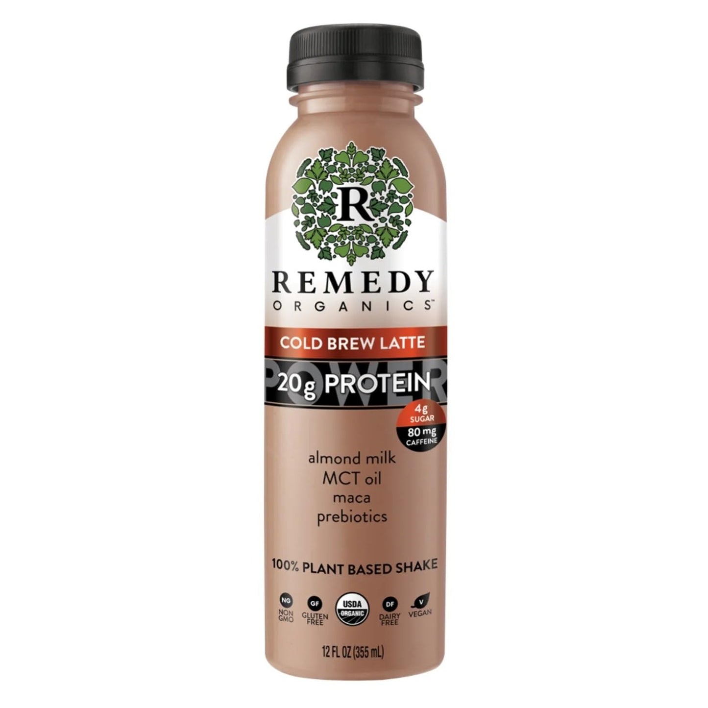 Remedy Organics Cold Brew Latte Power 12-Pack | Plant Based MCT Oil Protein Shakes, Ready to Drink | USDA Organic, Vegan, Gluten Free, Dairy Free, Soy Free | 12 Cold Brew Latte Bottles