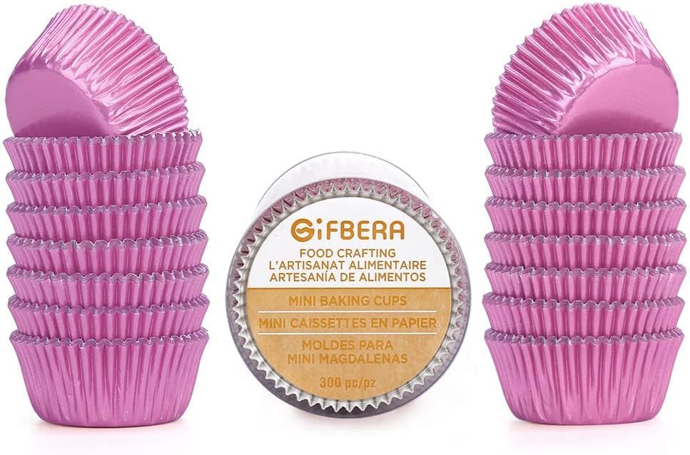 Gifbera Pink Foil Cupcake Liners Mini Size Muffin Baking Cups 300 Count, Pink