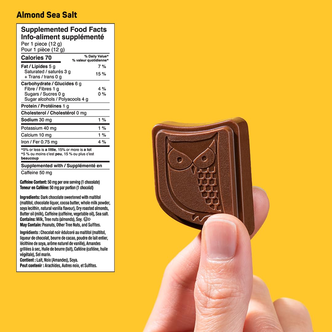 AWAKE - Caffeinated Chocolate Bites - 50mg of Caffeine - Bite-Size Energy Bars - Low-Calorie Snacks - Keto - Gluten-Free - Non-GMO - Coffee Alternative - Almond Sea Salt Dark Chocolate - 50 Bites