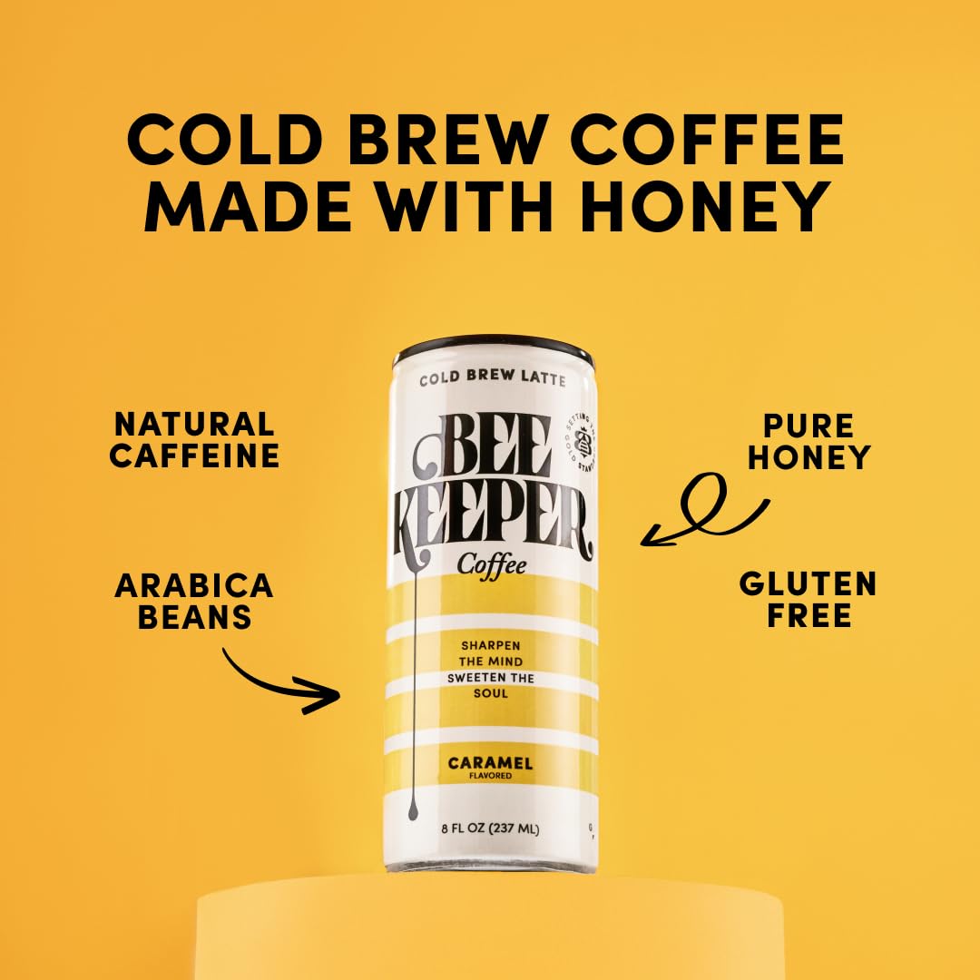 Beekeeper Coffee Cold Brew Caramel Latte with Oregon Honey, 8 fl oz cans (Pack of 12), Ready-to-Drink, 125mg Natural Caffeine