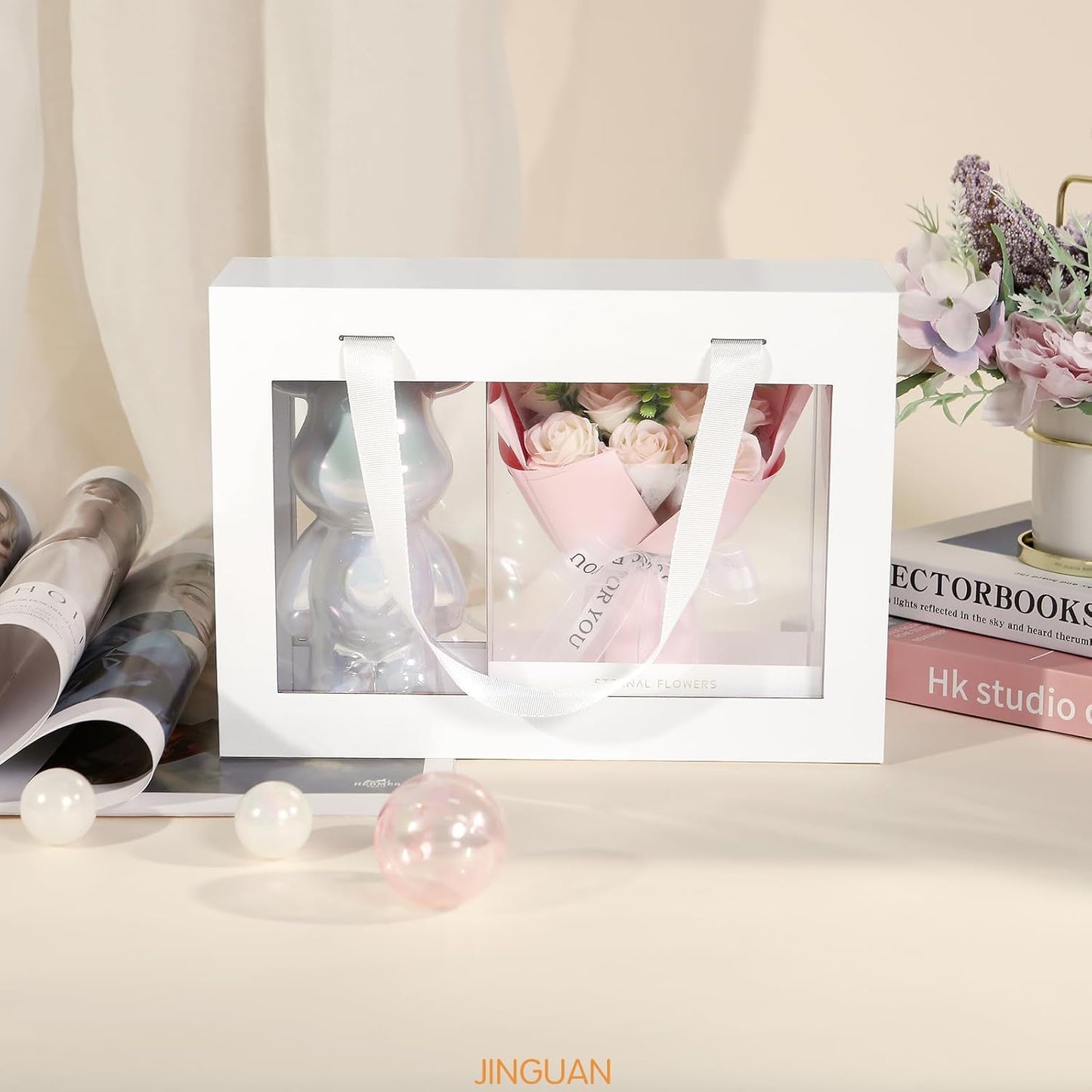 White Gift Box with Window, Clear Magnetic Gift Box with Handle for Present, Bridesmaid Proposal Box (10.5x7.5x3 Inches