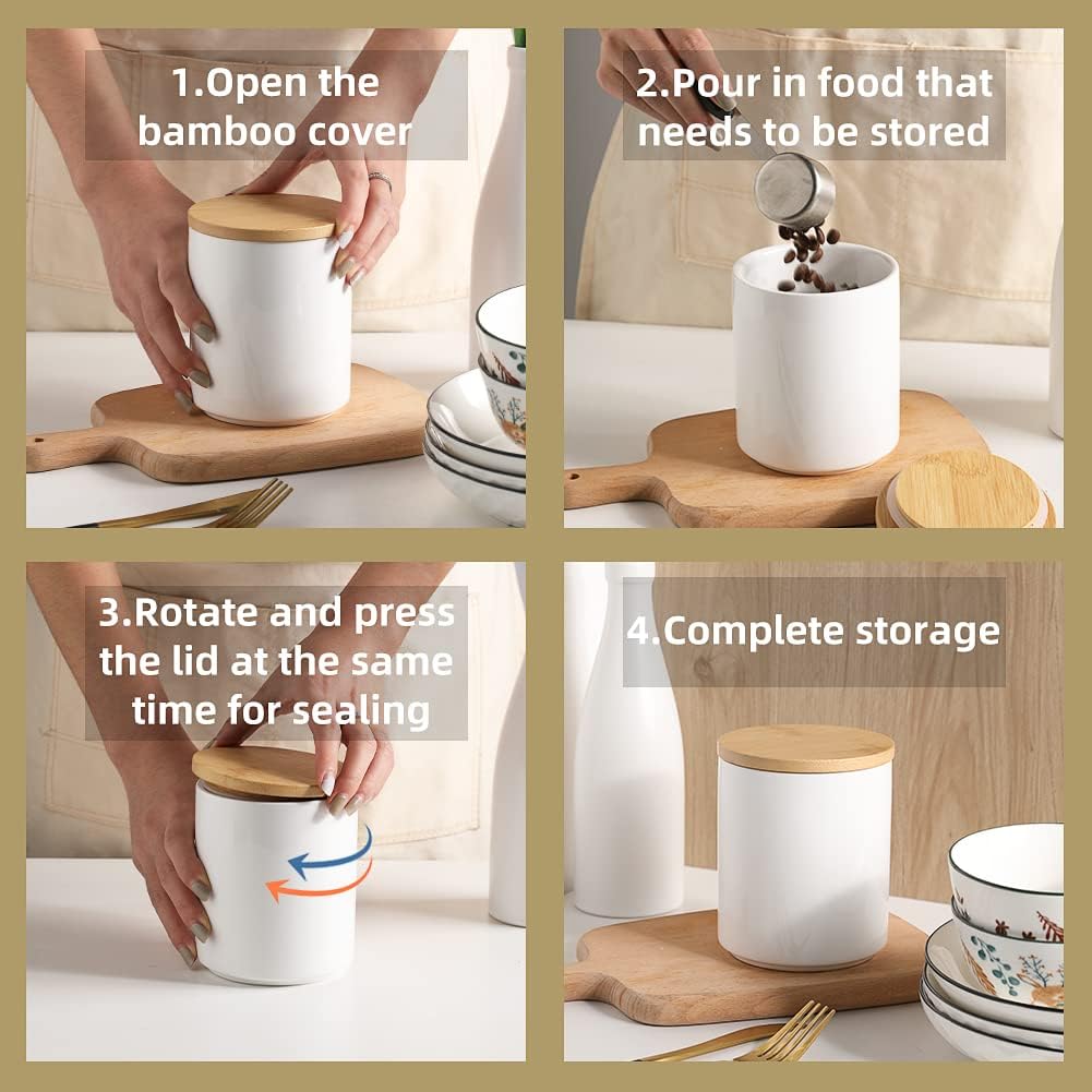 Sweejar Kitchen Canisters Ceramic Food Storage Jar Set, Stackable Containers with Airtight Seal Wooden Lid for Serving Ground Coffee, Tea, Herbs, Grains, Sugar, Salt - Set of 4 (Gray)